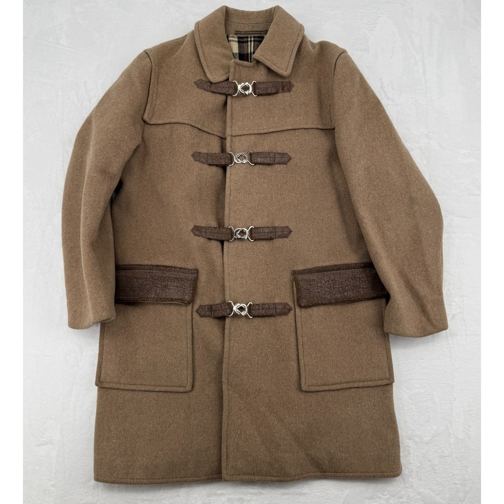 VTG 60s Plymouth Loden Trench Coat Beige Plaid Lining Leather Accents Austria Md